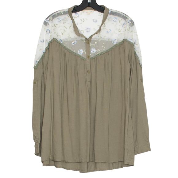 Top Embroidered Floral Fairy Grunge Cottage Boho Dark Academia Mesh Green Large - Picture 1 of 6